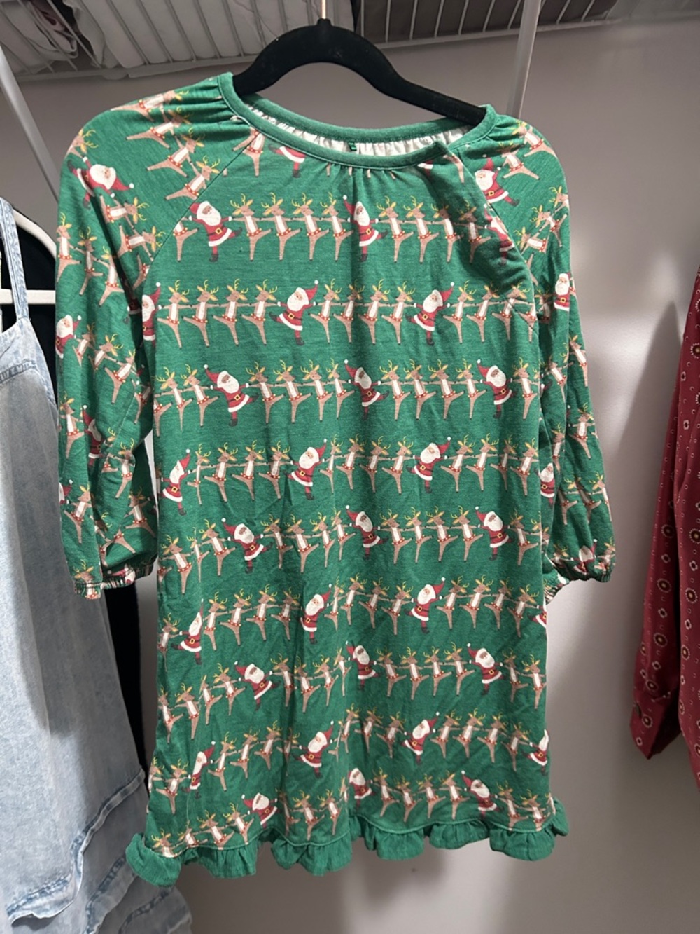 Magnetic Me- Green Santa & Reindeer Holiday nightgown/ tunic